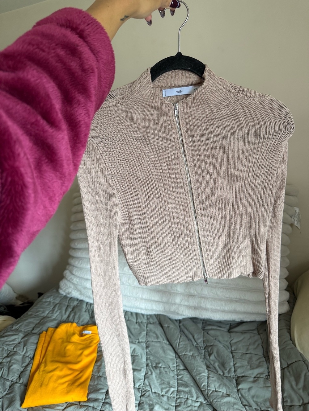 Adika Beige Ribbed Zip-Up Cropped Cardigan XS-S